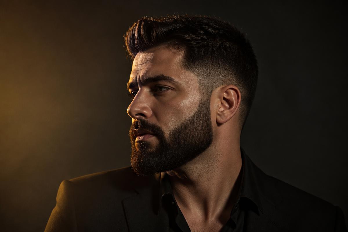 Man with a modern mid-length full beard, defined cheek line and faded transition into his hair