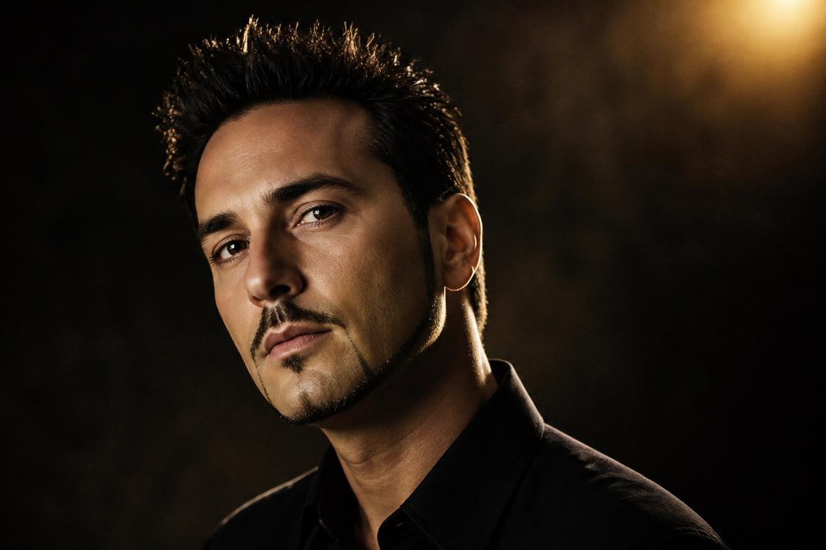 Man with an early 2000s soul patch and thin chinstrap beard under moody studio lighting