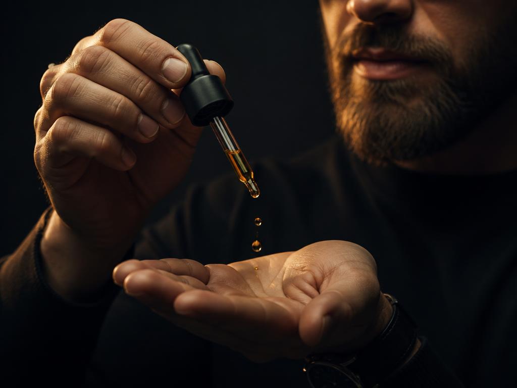 Dispensing beard oil drops from a dropper into an open palm