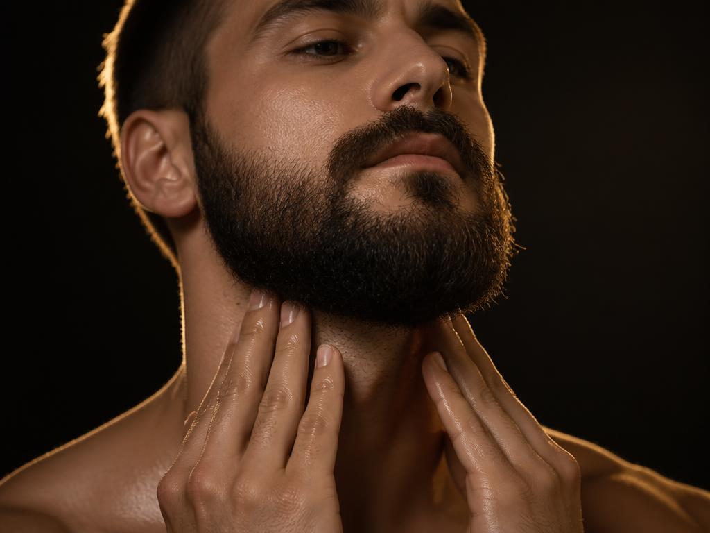 Massaging beard oil into the skin underneath the beard along the jawline