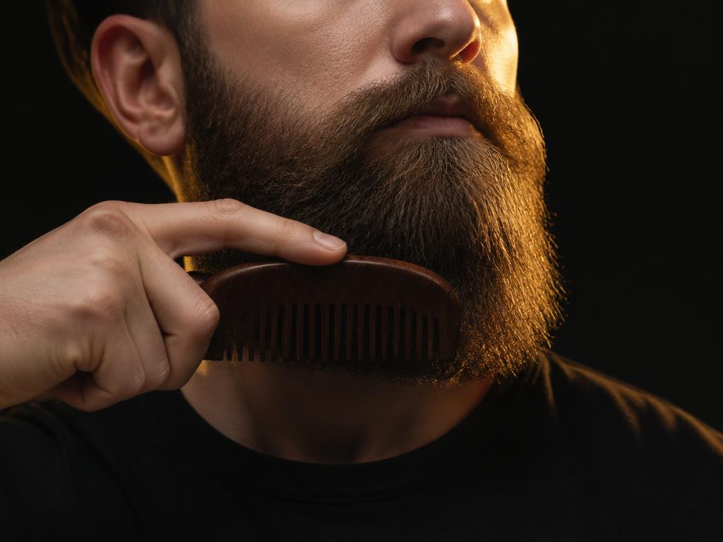 Combing a beard with a wooden comb to distribute beard oil evenly